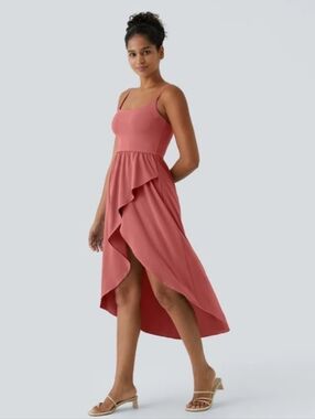 NWT Halara Spaghetti Strap Ruffle Hi-Low Dress - Kapok Red With Shorts Size L